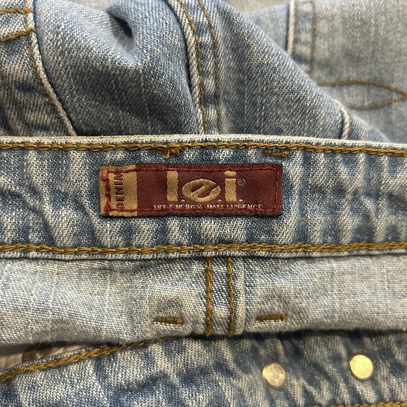 LEI Denim Micro Mini Skirt Women 9 Blue Vintage Raw Hem Embroidered Pocket Y2K - Picture 5 of 6